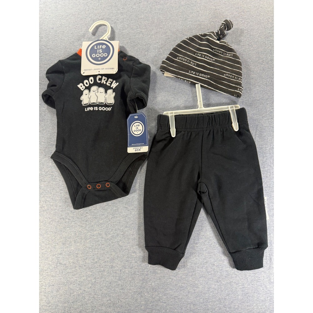 Life is Good Baby Boo Crew Halloween Bodysuit Joggers Hat 3pc Set Black 0-3M
